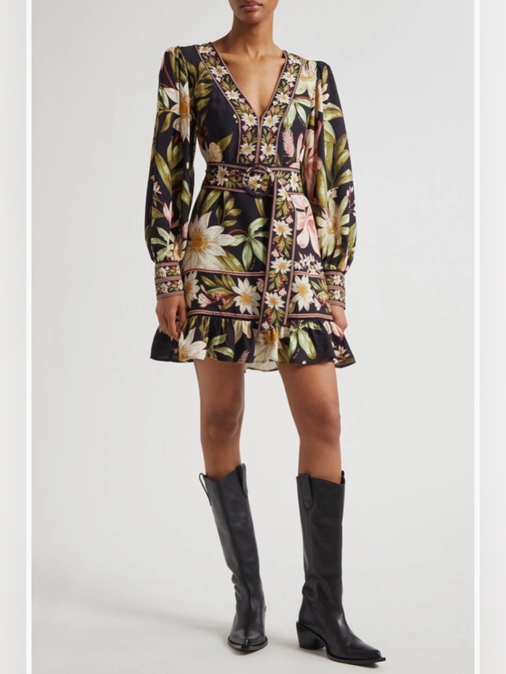 Farm Rio Surreal Flowers Black Long Sleeve Mini Dress